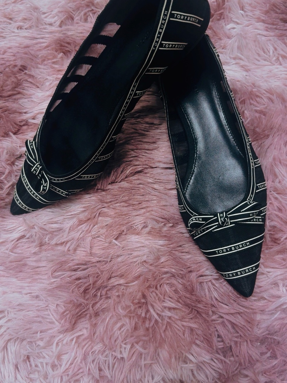 Tory Burch Black Logo-Trim Pointed Toe Mesh Flats